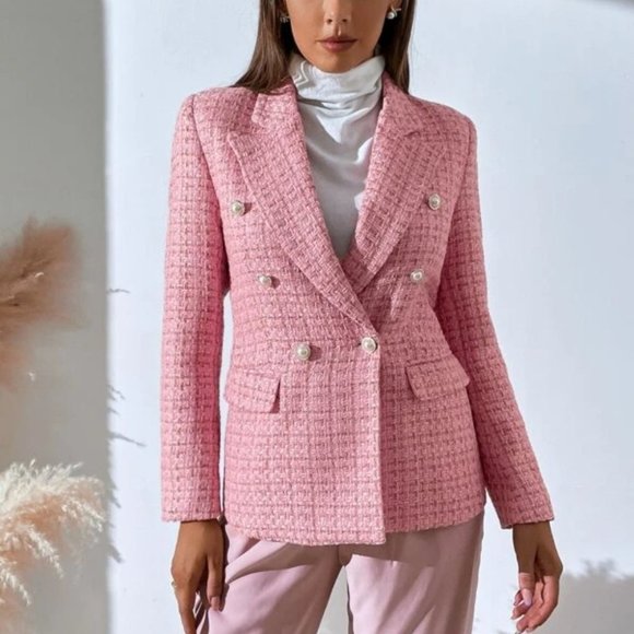 Pink Tweed Plaid Double Breasted Blazer - Picture 6 of 6